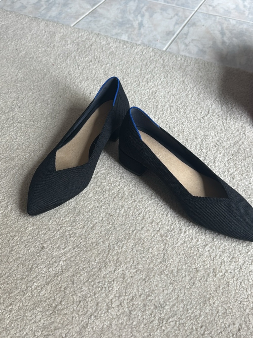 Rothy's Black Pointed Flats with Blue Trim